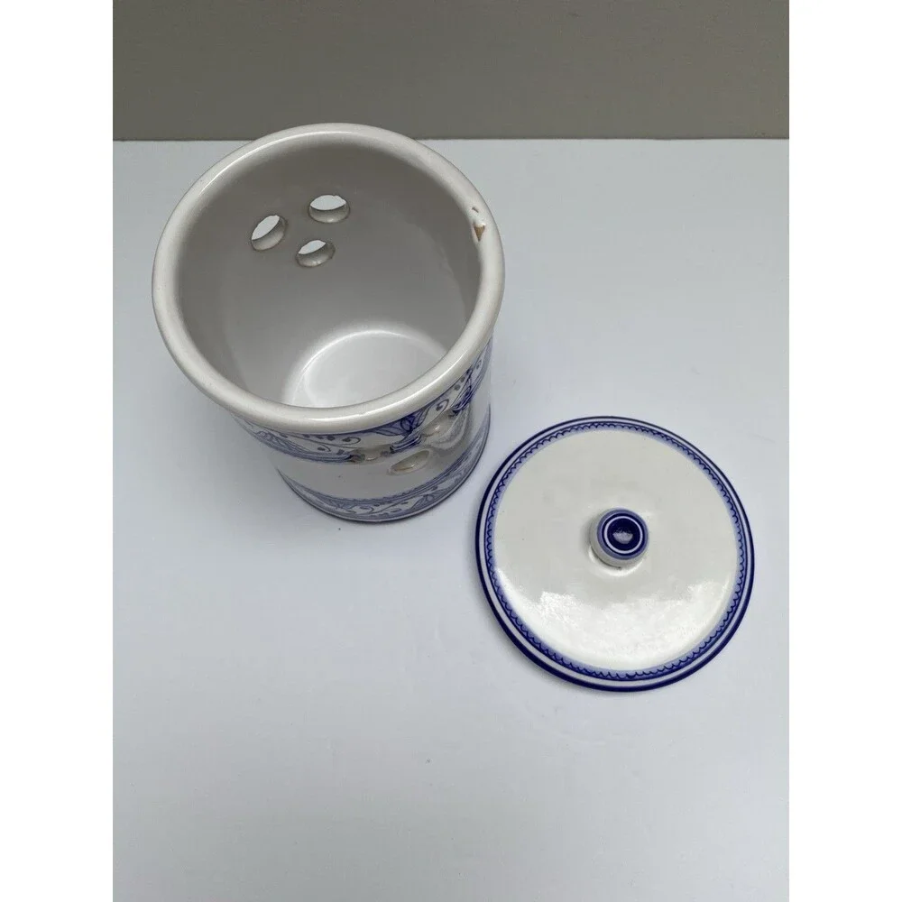 Italian Pottery Ceramic Garlic Keeper Lidded Cannister Jar BLUE & WHITE Italy